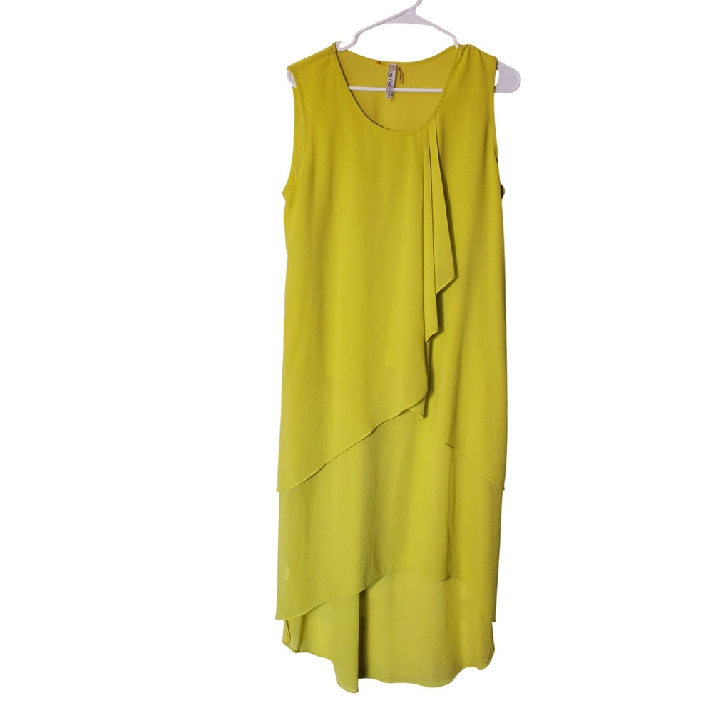 Miilla Chartreuse sheer Yellow High Low Layered Sleeveless Ruffle Dress Size L